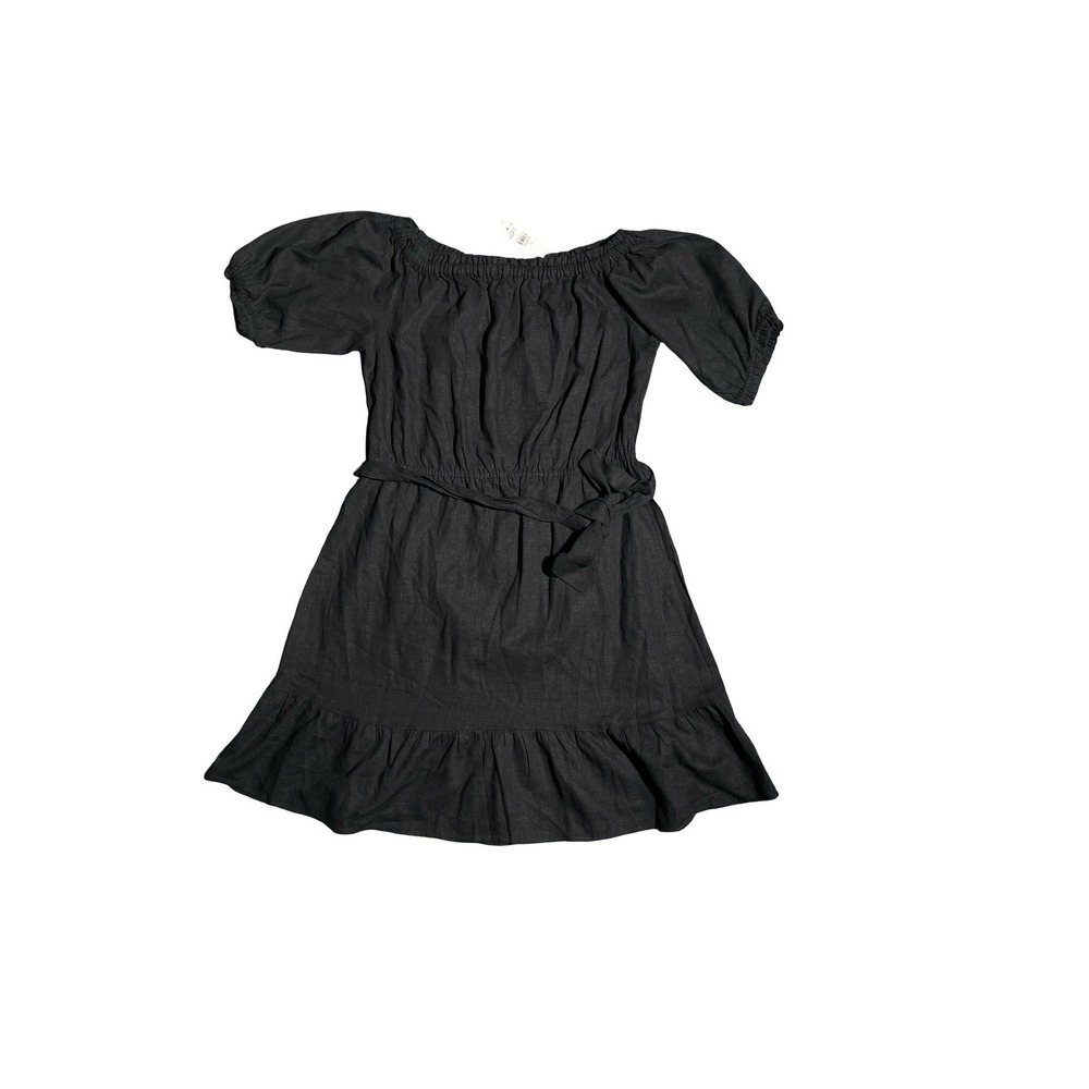 LOFT Black Linen Blend Off The Shoulder Ruffle Hem Puff Sleeve Dress Medium NWT